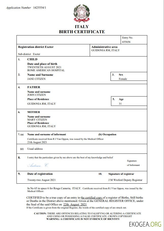Modèle Word et PDF d'acte de naissance en Italie, entièrement modifiable